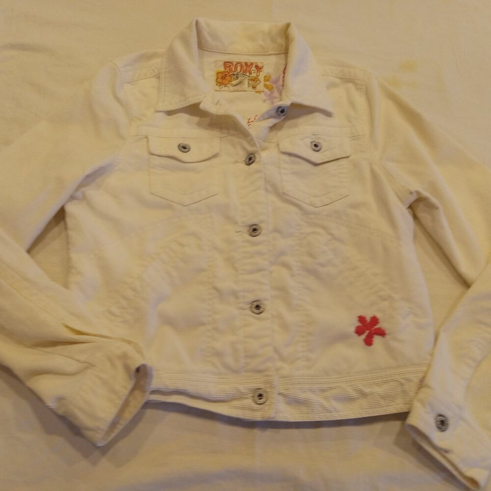 Roxy Girl's Size Large White Cream Corduroy Jean Jacket Flower Design